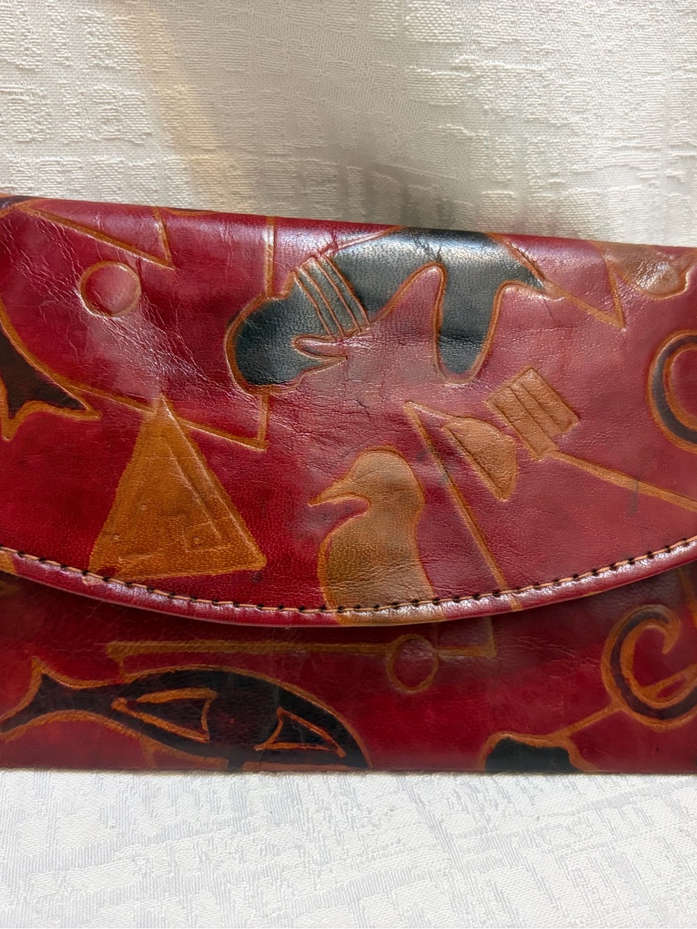 Vintage 1970s Hand Tooled Leather Wallet Aztec Bird Fish Clutch Boho Hippie red
